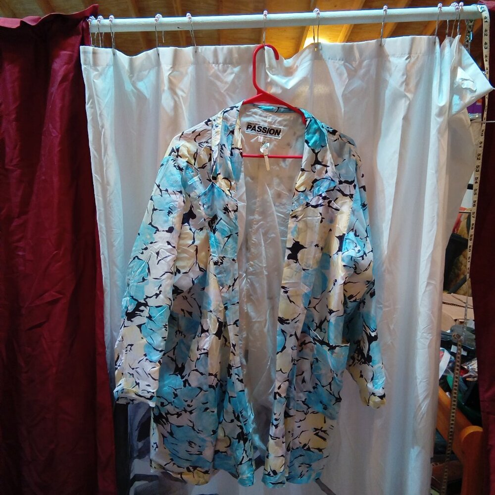 Passion size 2 blue yellow silk jacket kimono pockets vintage